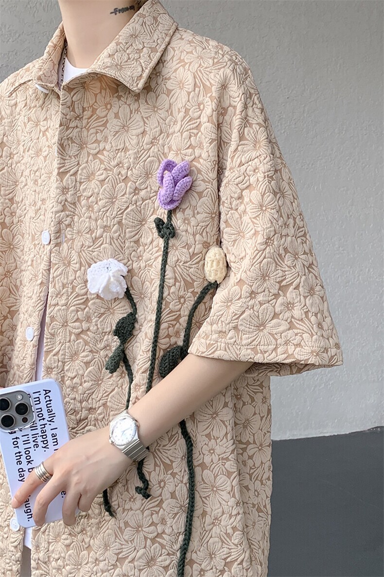 夏季法式小众肌理感衬衫短袖原创立体花朵衬衣多巴胺外套男CS531,男装衬衫,电商D206-1