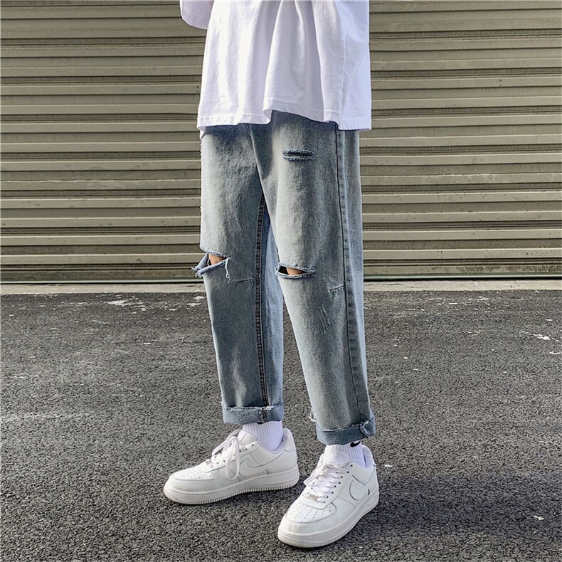 现货港风chic韩版休闲九分裤简约破洞牛仔裤修身小脚裤  KZ11图片