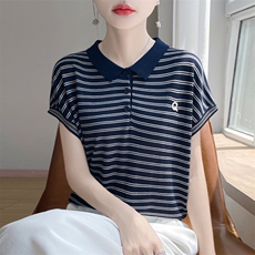 夏季新款莱赛尔天丝翻领Q刺绣条纹短袖女宽松百搭显瘦时尚上衣，女装T恤，暖娇绒包芯纱店