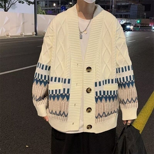 男装复古拼接菱格V领开衫毛衣宽松痞帅潮牌休闲针织衫外套M170图片