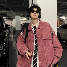 美式复古甜酷脏粉色水洗拼接牛仔外套男女古着情侣棒球服J2054，男装夹克，星座1116A-1（原606A）