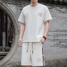 男士刺绣风休闲运动套装男T恤短裤两件套潮A266-TZ7707-P45，男装T恤，电商A266