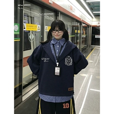 网图有货美式复古大V领刺绣假两件连帽卫衣男女宽松上衣A861-P58，男装卫衣，星座1505