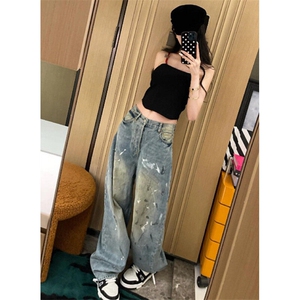 直筒泼墨牛仔裤女春秋设计感小众高腰显瘦宽松阔腿裤子潮 NK1096图片