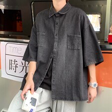 港风复古简约纯色牛仔短袖衬衫男潮牌夏季百搭学生衬衣CS408-p43，男装衬衫，星座1008