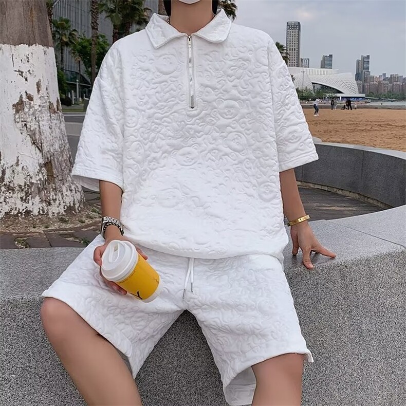 夏季新款半拉链衬衫男短袖polo衫五分裤潮套装P45,男装休闲套装,星座1116-2