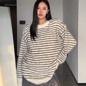秋冬复古季慵懒撞色条纹软糯毛衣男女中性潮牌百搭圆领情侣针织衫图片