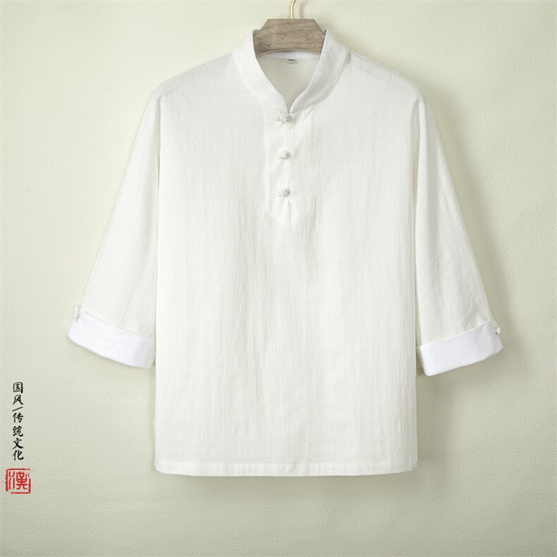 风男装棉麻立领翻袖男士七分袖T恤T085P70,男装T恤,钱塘802