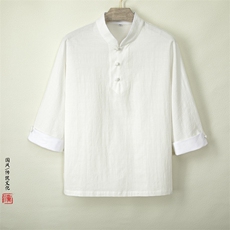 风男装棉麻立领翻袖男士七分袖T恤T085P70，男装T恤，钱塘802