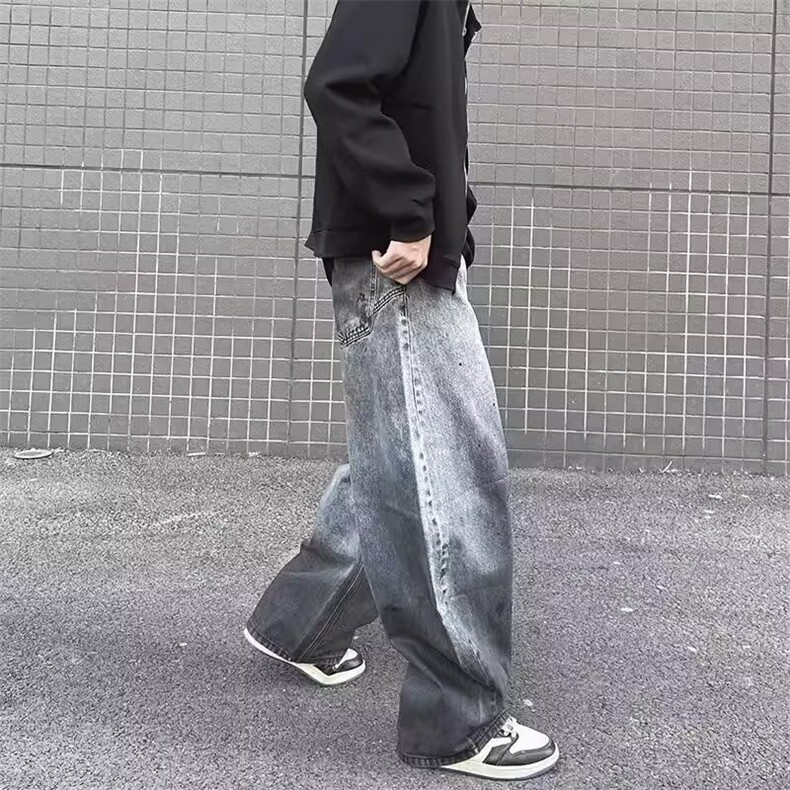 复古扎染渐变泼墨弯刀裤男宽松阔腿裤子情侣美式高街baggy牛仔裤,男装牛仔裤,星座506A