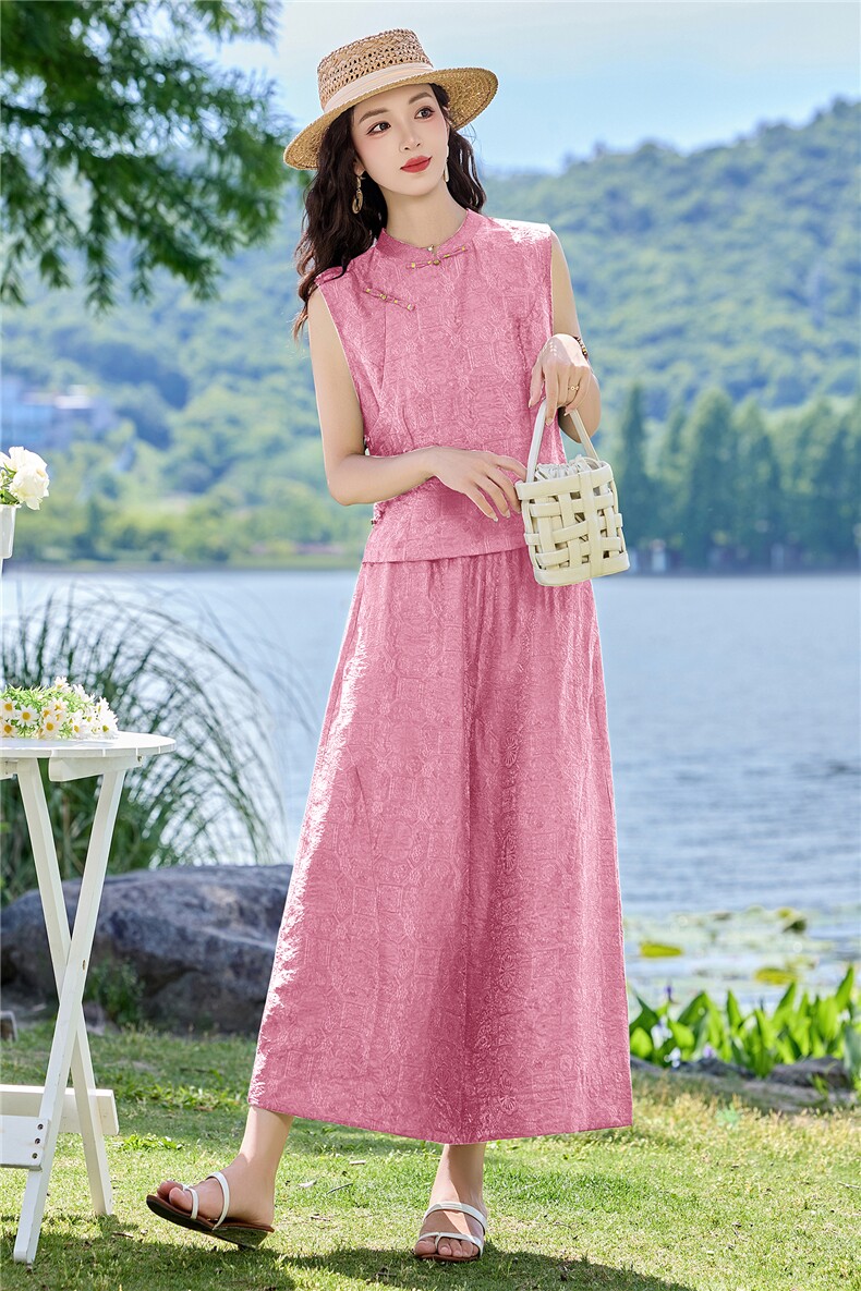 现货2026夏季新中式老钱风提花新款套装两件套,女装套装/套裙,伊仟回