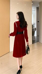 【现货】2021冬季新款 设计手工订钻丝绒连衣裙图片