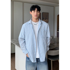 韩式流行褶皱针织拼接条纹肌理感衬衫时尚街头百搭衬衣男CM163，男装衬衫，星座1116A（原606A-3）