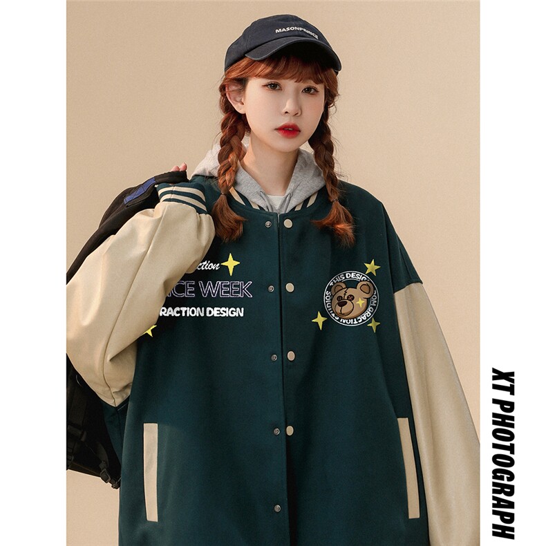 中性23春季潮流时尚小熊印花PU皮拼接棒球服夹克外套G643P85控108,男装夹克,A247A