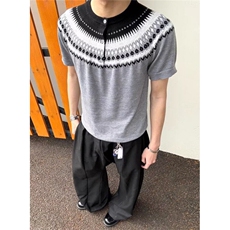 复古费尔岛撞色圆领短袖t恤女夏季百搭亨利领针织上衣TK143，男装T恤，星座1116A（原606A-3）