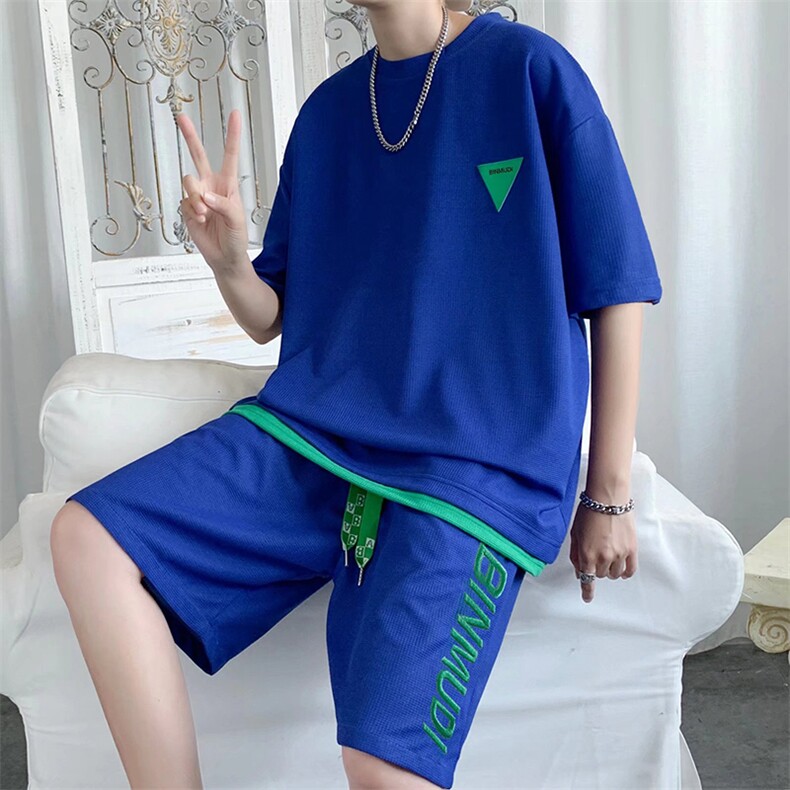 休闲运动套装男夏季华夫格潮牌短袖t恤男两件套短裤一套TZ015-P45,男装休闲套装,星座308B-1