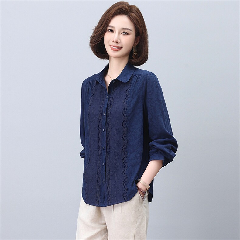 女士衬衫2025新款春秋短款中老年妈妈时尚休闲拼接花边上衣,女装衬衫,忆绮罗
