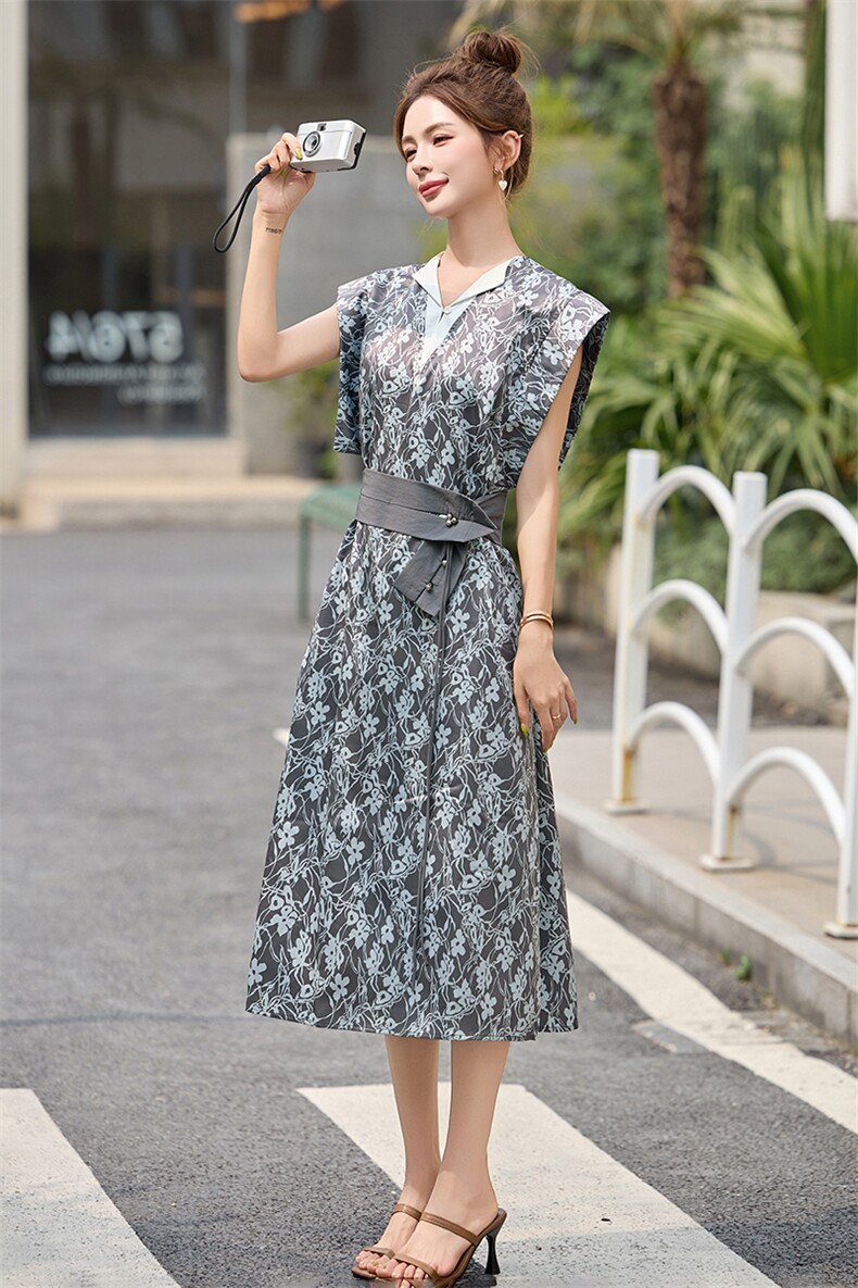 2025年夏季中长款优雅气质收腰拼接女时尚连衣裙,女装连衣裙,橙子家