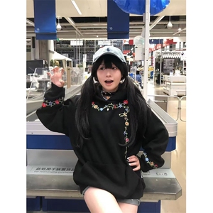 加绒款花卉刺绣连帽卫衣男女2025秋冬宽松上衣外套潮WYR1503