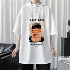 LD54213-P45连帽短袖t恤男大码胖子带帽五分袖中袖，男装T恤，电商A040