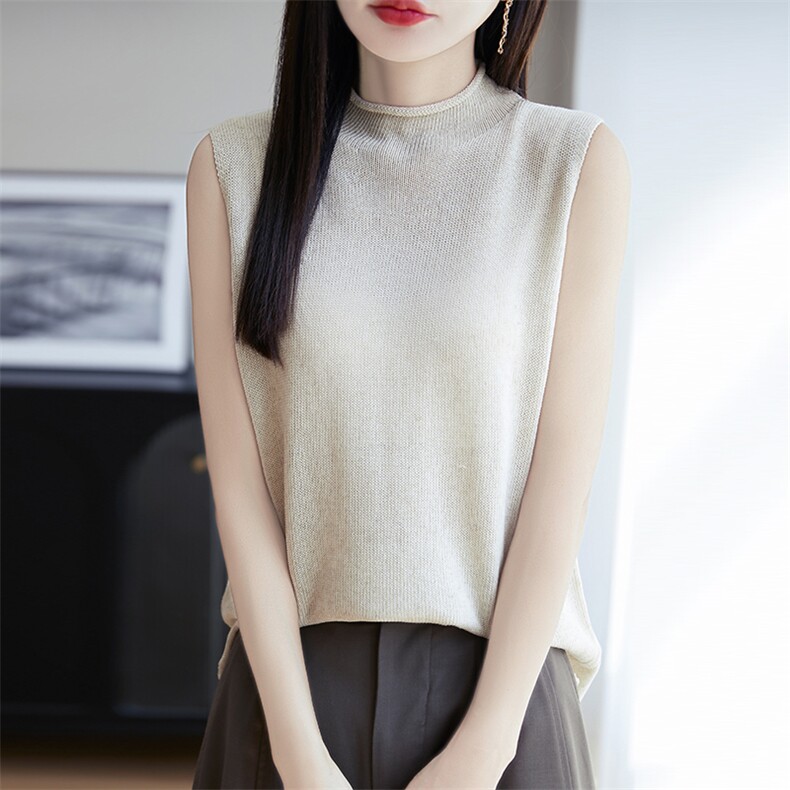 天丝亚麻半高领针织背心女宽松显瘦薄款无袖打底衫简约通勤上衣潮,针织衫/毛衣,朝思羊绒