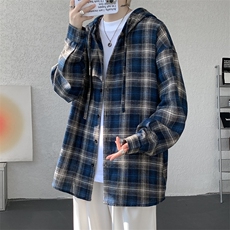 新款日系文艺休闲格子连帽大码长袖衬衫外套男C5535-特P38控75，男装衬衫，电商A001