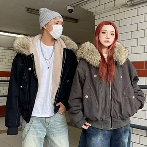 现货重磅boxy短款棉衣座山雕大毛毛领男女棉服水洗工装厚外套图片