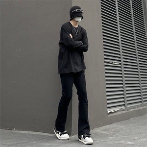 纯黑色高弹修身直筒大码微喇毛边牛仔裤男K860-K866-P50图片