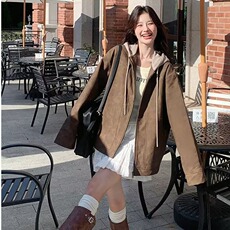 美拉德宽松bf慵懒风小皮衣女2025秋季新款美式设计感连帽拼接外套，男装皮衣，星座1210-1