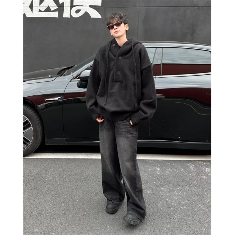 慵懒氛围感半开衫连帽毛衣男秋冬宽松休闲套头针织衫上衣M6041,男装针织衫/毛衣,星座506