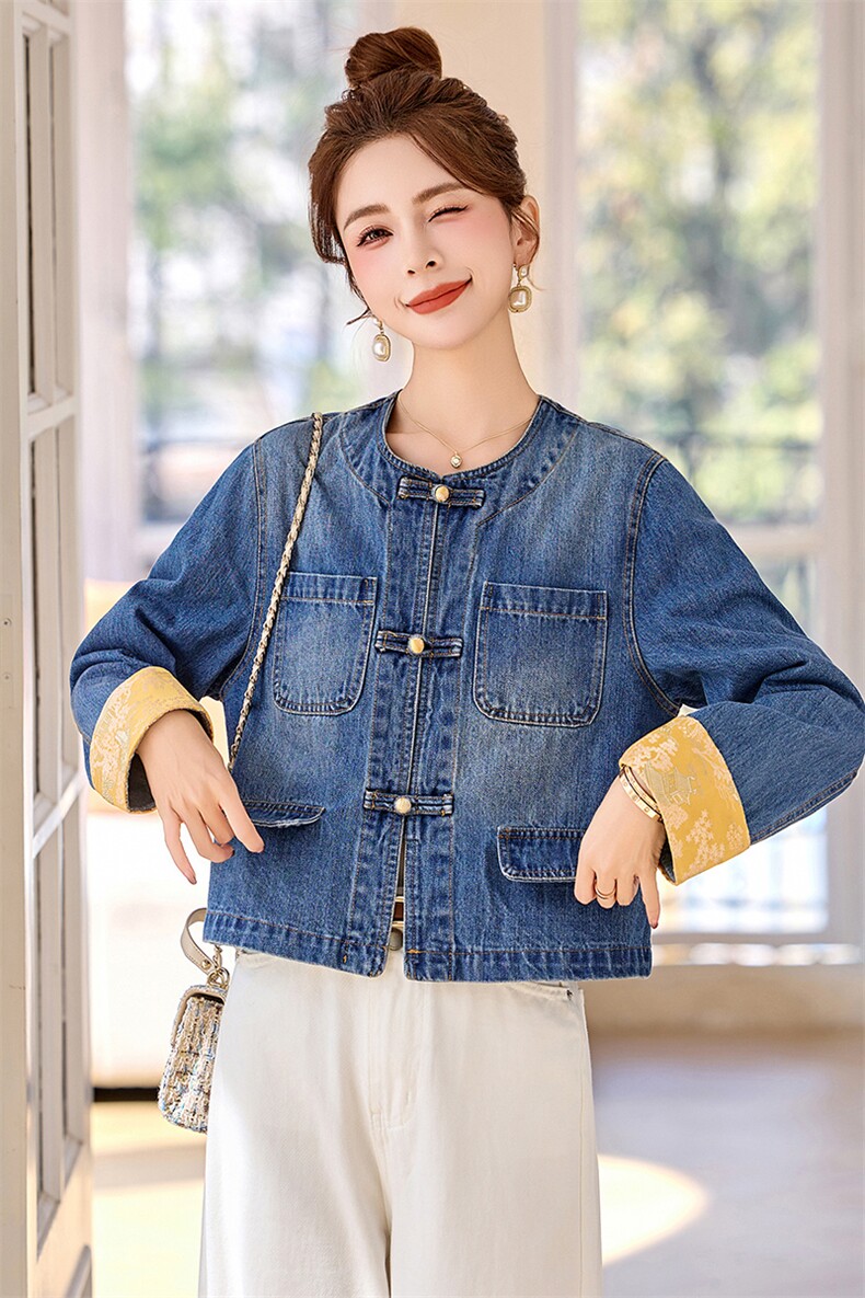 新中式盘扣短款牛仔外套女2025春季新款小个子休闲气质圆领牛仔衣,女装牛仔外套,润尚靓点