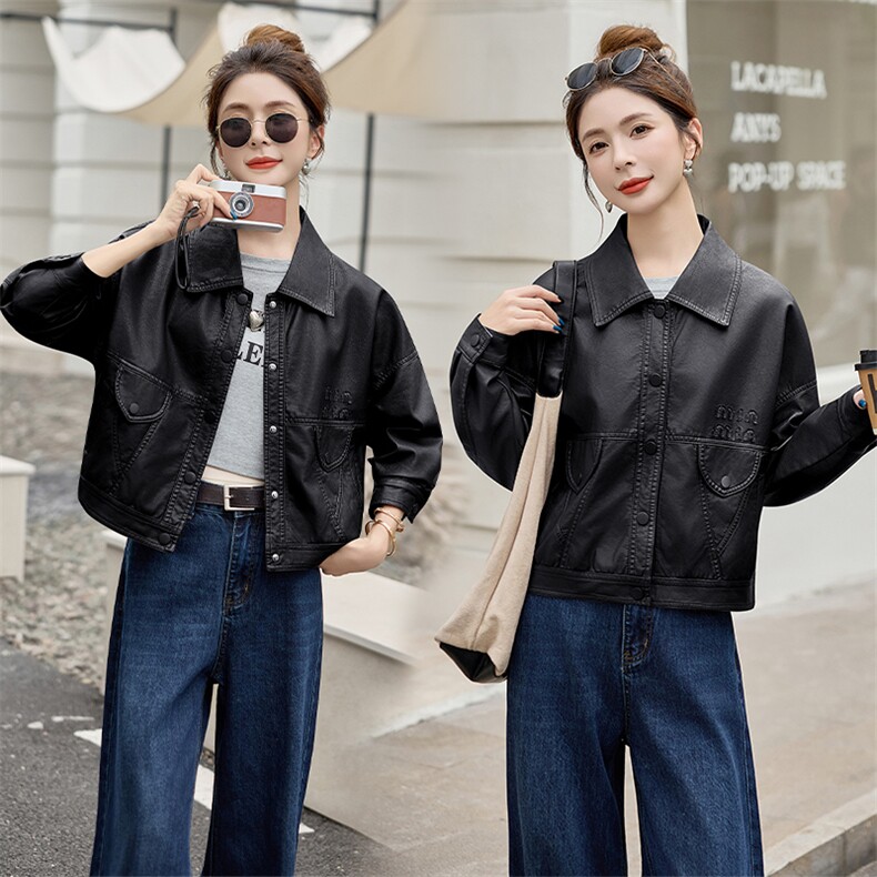 2025春秋新款韩版宽松休闲百搭皮衣外套女短款小个子机车服夹克潮,女装皮衣,江南女神