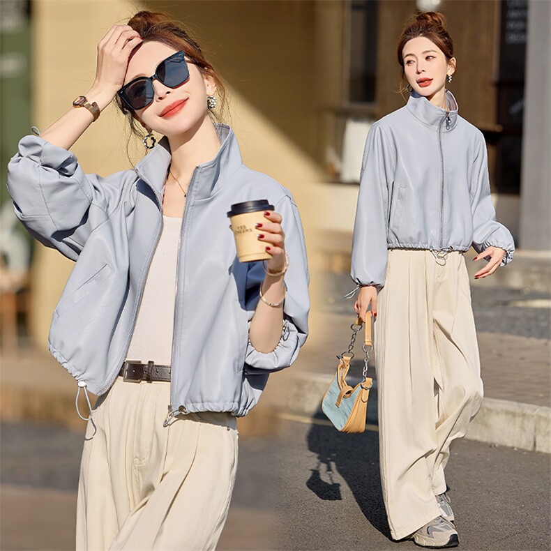 欧货短款皮衣外套女2025春新款小个子立领高级感百搭美式夹克上衣，女装皮衣，简古