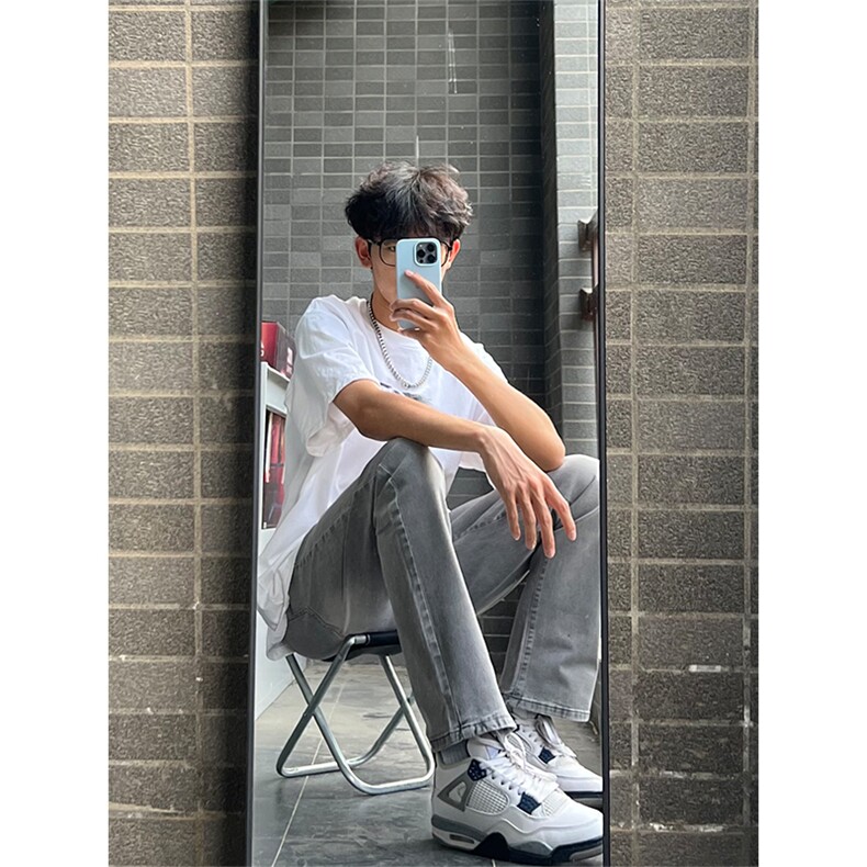 K1789～P55控78有货（自家图）烟灰水泥色牛仔裤男夏季美式微喇裤,男装牛仔裤,星座218-5