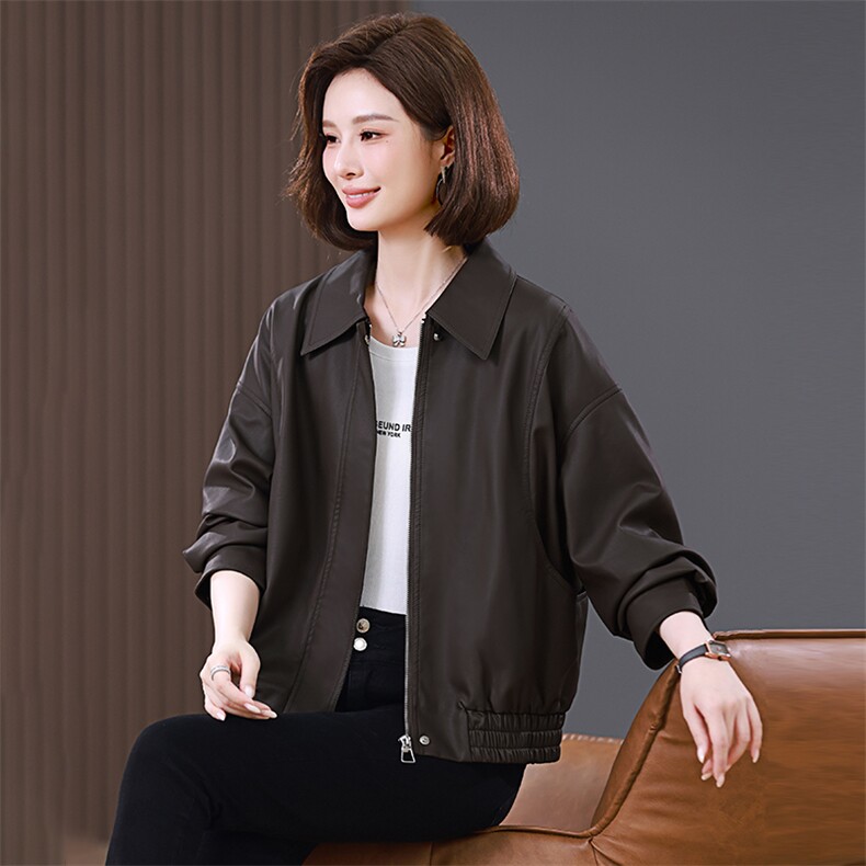 皮衣外套女短款2025春秋新款宽松大码中年妈妈小个子洋气夹克上衣，女装皮衣，希欧阁