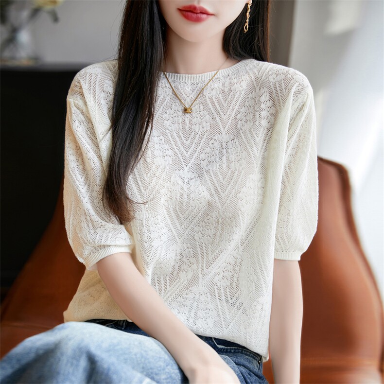2025夏季新款精纺针织衫女圆领气质半袖时尚宽松内搭短袖T恤图片