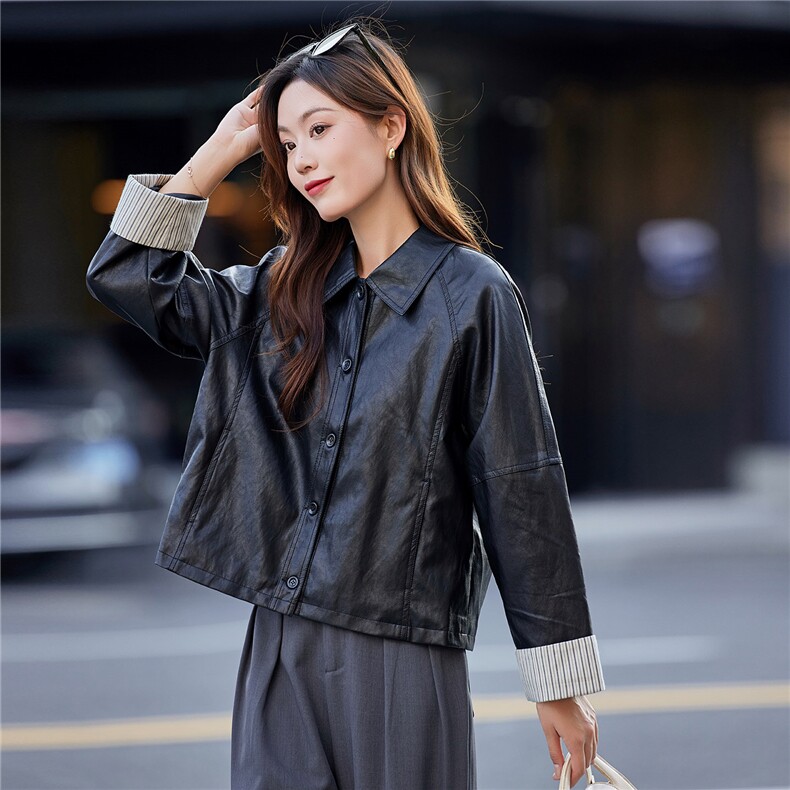 时尚翻领皮衣外套女2025春秋新款条纹拼接PU皮夹克短款高级感上衣图片