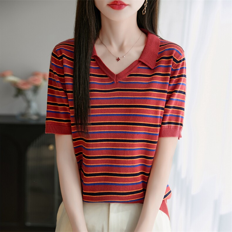 复古条纹翻领纯棉针织薄款T恤女2025夏季短袖宽松打底衫Polo领t恤,女装T恤,秋双羊绒