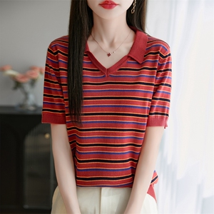 复古条纹翻领纯棉针织薄款T恤女2025夏季短袖宽松打底衫Polo领t恤图片