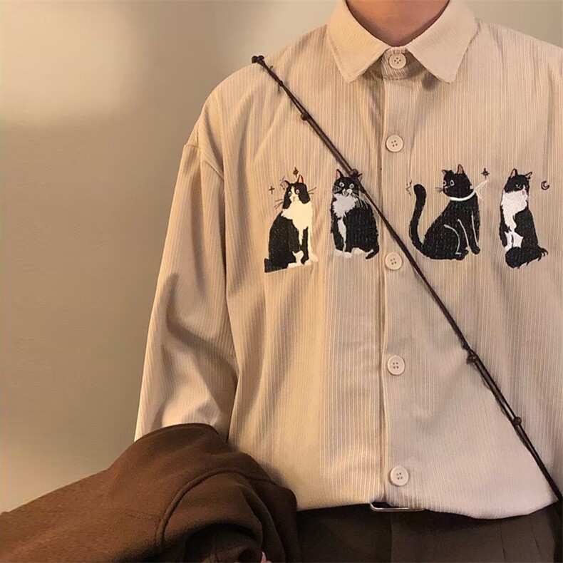26春美式复古条纹翻领衬衫猫咪刺绣灯芯绒长袖衬衣宽松CS918-P55，男装衬衫，星座716A（原星座815-4）