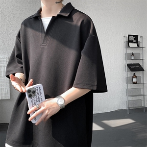 8XL-M假两件V领短袖t恤男夏翻领半袖宽松重磅华夫格大码DT001P40