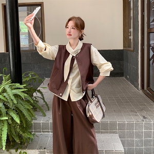 咖色气质高级感马甲套装女2025秋新款老钱风穿搭马甲阔腿裤两件套图片