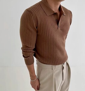 网络图 轻熟风翻领毛衣修身健身POLO衫显肌肉长袖男士商务休闲图片