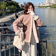 粉色鹿皮绒羊羔毛外套2C170--8019--P205控298，女装短外套，2C170