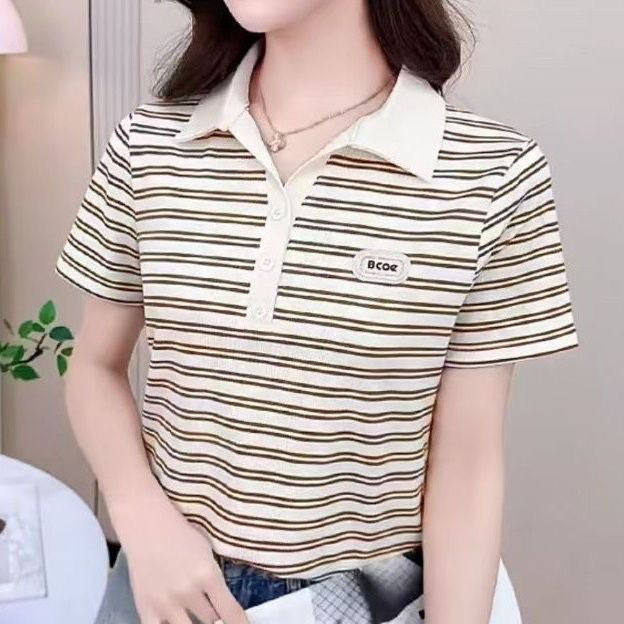 2025新款减龄短袖上衣条纹时髦时尚百搭，女装T恤，思沃羊绒