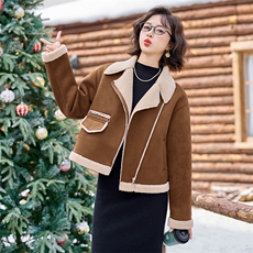 冬季加厚保暖皮毛一体外套女2024新款小个子短款羊羔毛机车服棉衣，女装短外套，慕依路