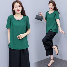 （现货）阔腿裤套装女2025夏季新款大码胖mm200斤中年妈妈两件套，女装套装/套裙，深妍伊美