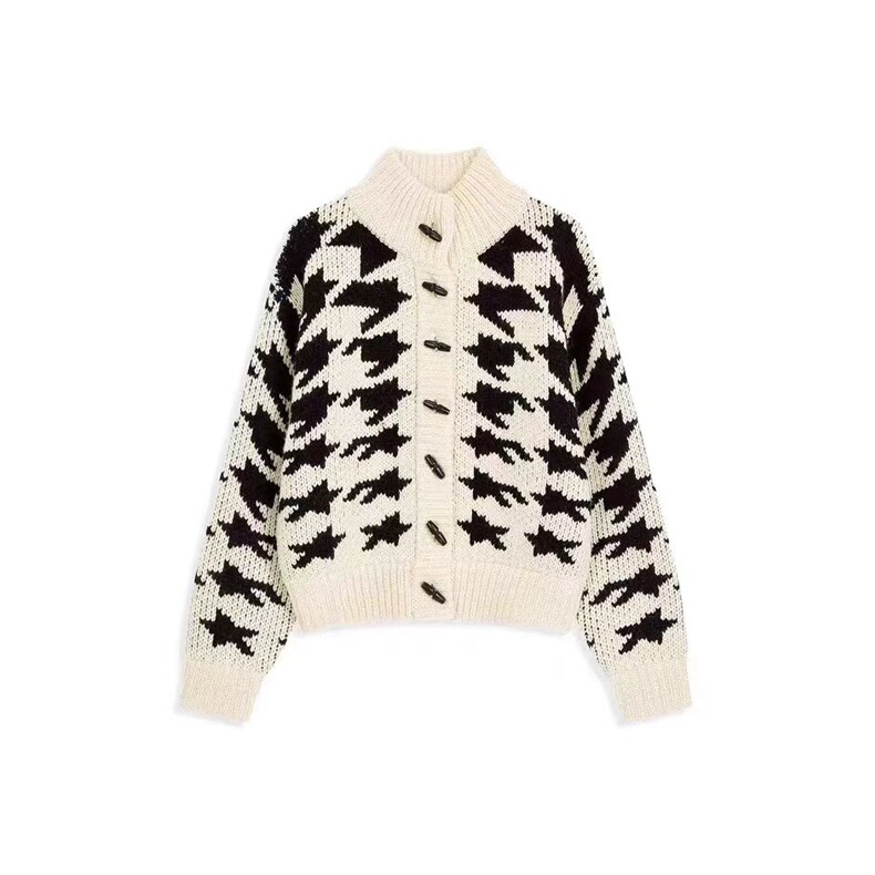 2025年秋季新款百搭千鸟格重工圆领开衫，女装针织衫/毛衣，米咔羊绒