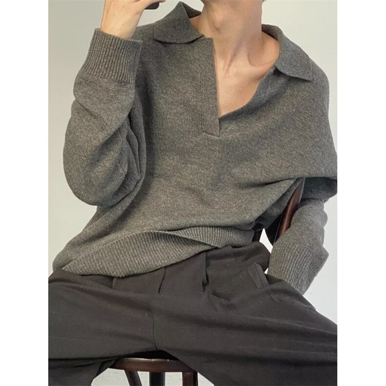 灰色套头POLO领针织衫上衣冬季新款慵懒风宽松百搭男M2323，男装针织衫/毛衣，星座1116A（原606A-3）