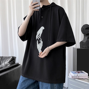 LD54147-P45 连帽短袖t恤男大码胖子带帽五分袖中袖图片